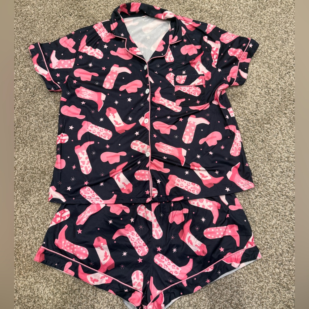 Pink Cowboy Boot Print Pajama Set